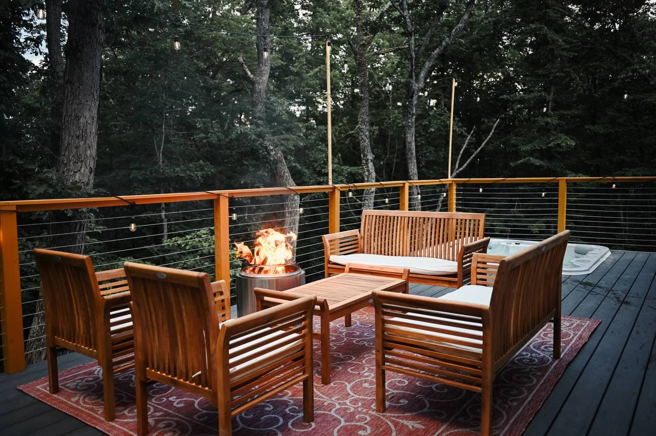Deck with fire and string lights