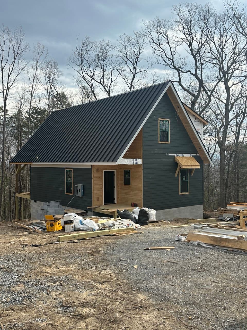 Exterior taking shape — green siding, metal roof, cedar trim