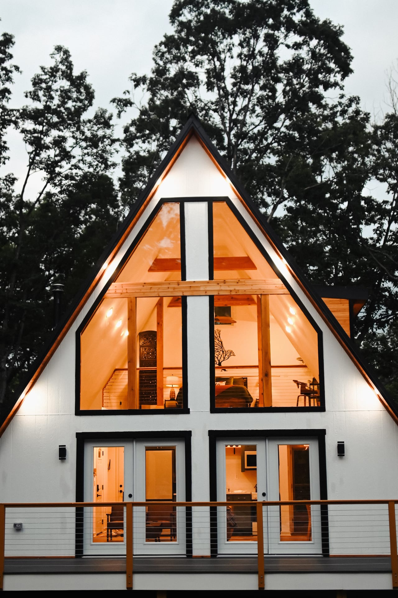 The Sparrow A-frame lit up at dusk